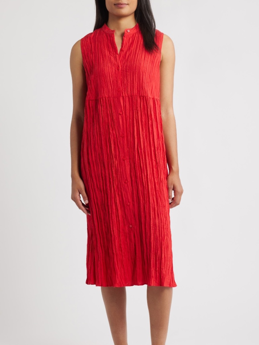 EILEEN FISHER Crinkle Silk Habutai Band Collar Dress Crimson Red Size Large L
